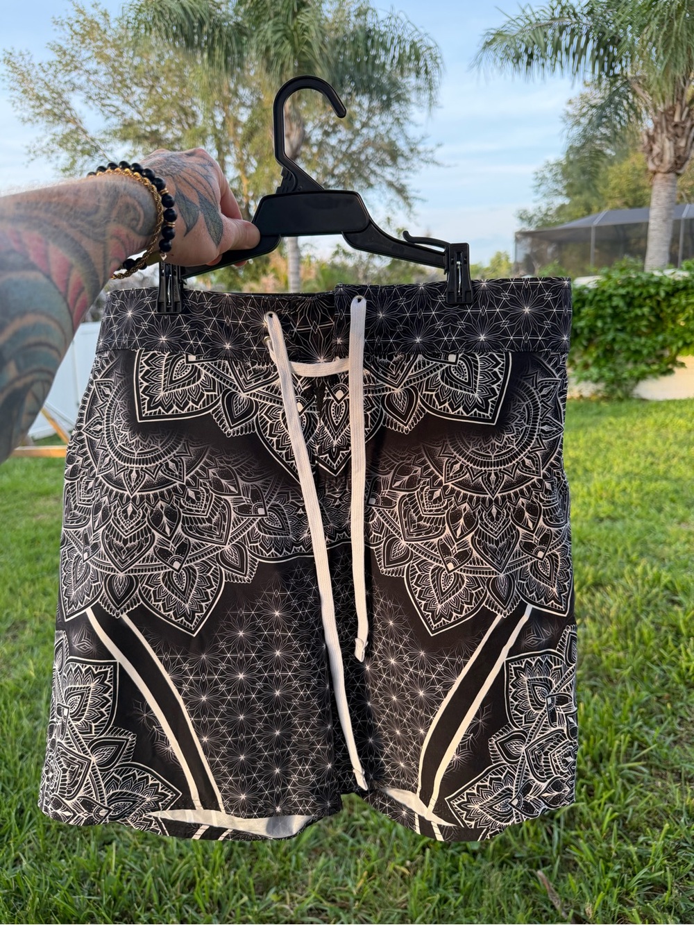 Black & White Mandala Print Drawstring Shorts